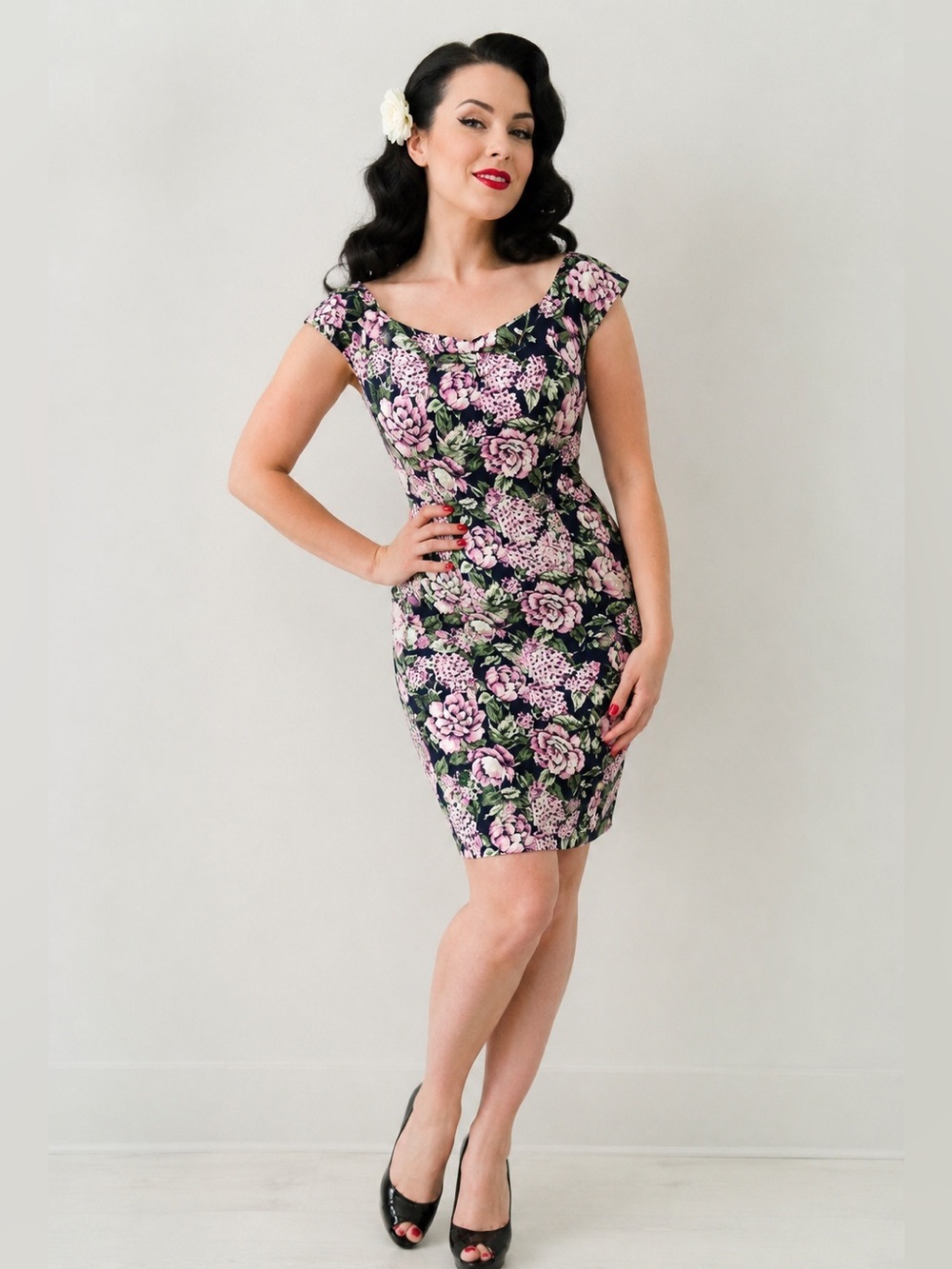 Collectif London Floral Bodycon Dress Retro Rockabilly 50s Stretch Cotton small